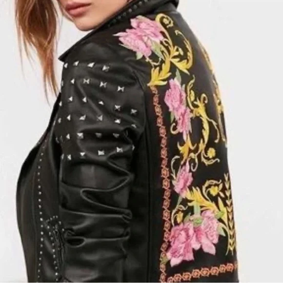 Silence + Noise Irina Embroidered Vegan Leather Moto Jacket XS - Picture 9 of 16